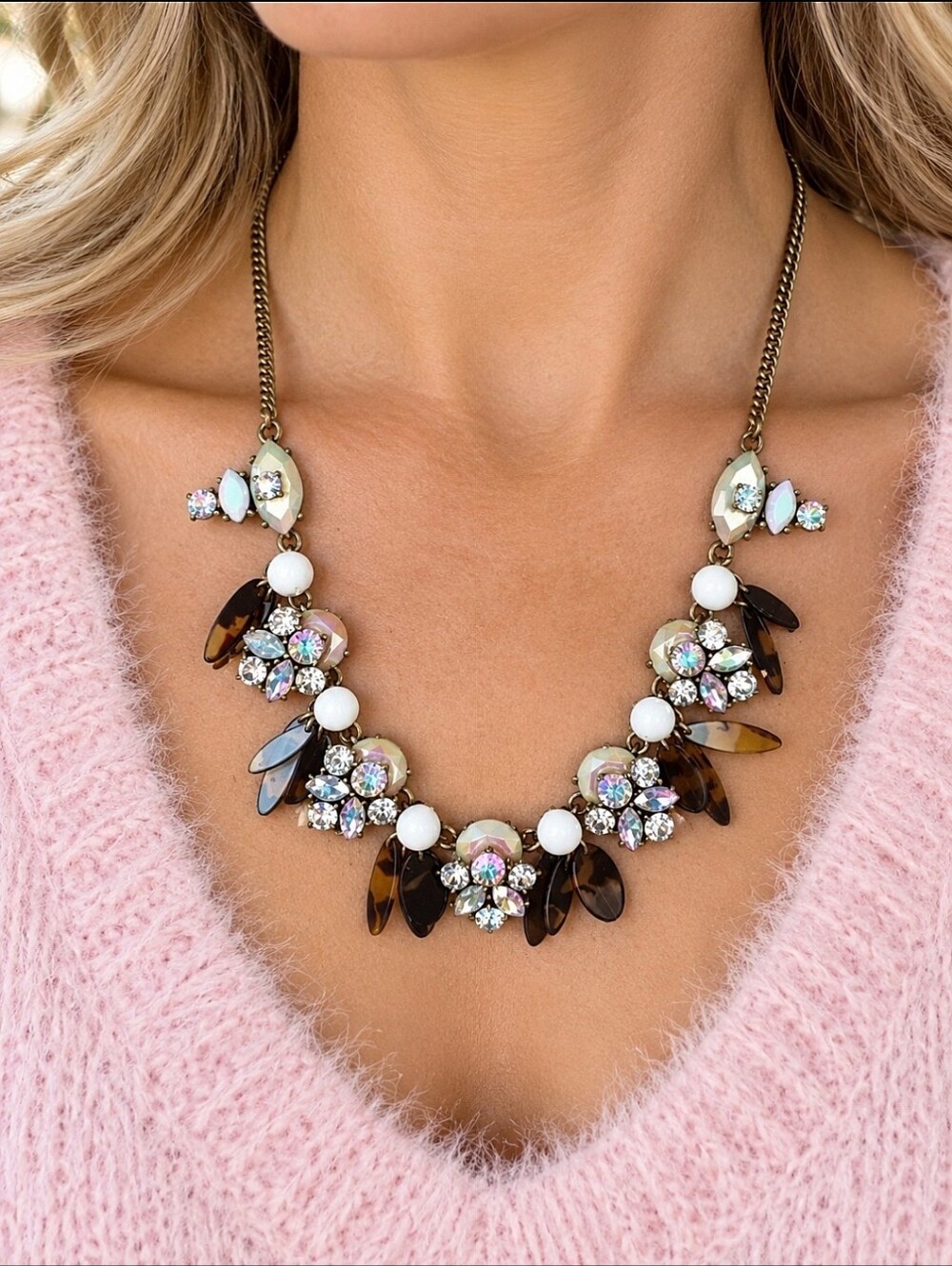 J. Crew Oxidized Brass Tone Art Deco Clear AB Faux Tortoise Statement Necklace